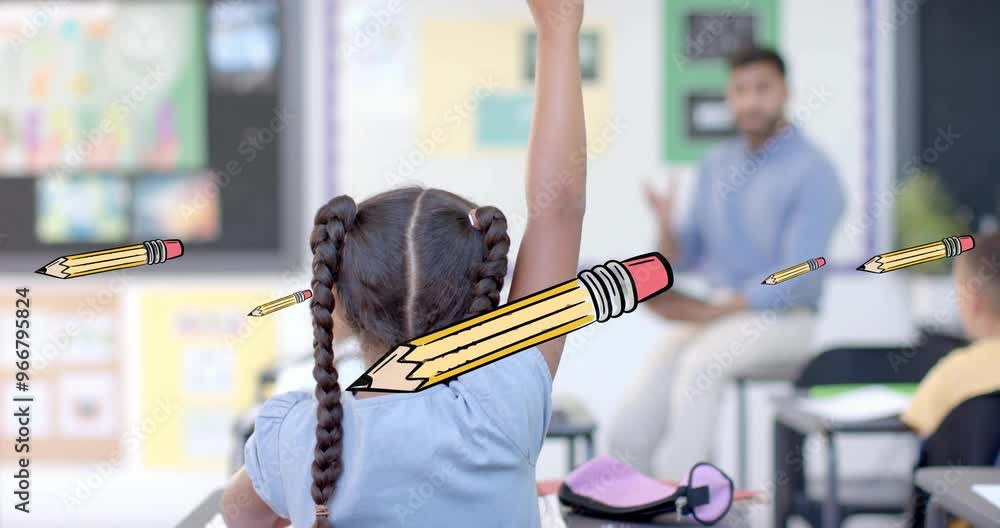 Raising hand in classroom, student with braids over animated pencils Raising hand in classroom, student with braids over animated pencils