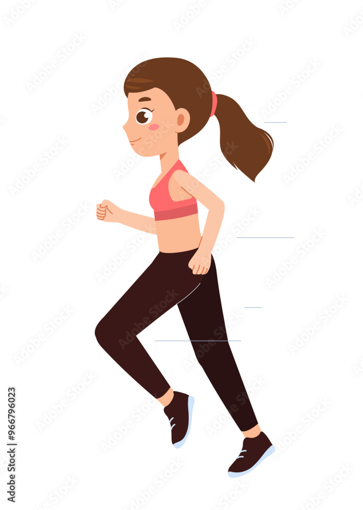 Fitness girl run. Woman in sports uniform running. Active lifestyle and cardio training. Marathon and sprint runner. Sportswoman in sportswear. Flat vector illustration