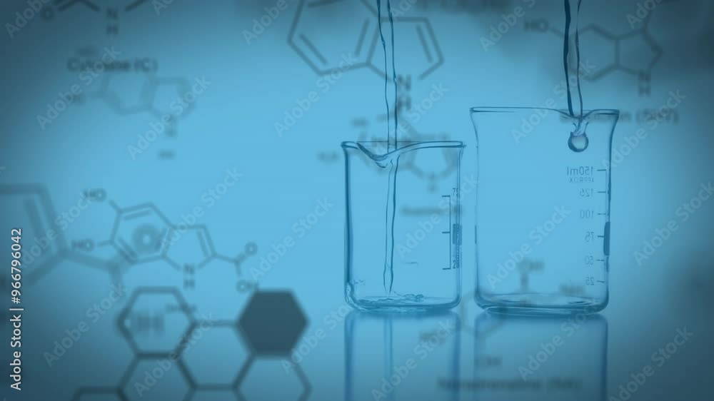 Pouring liquid into beakers, chemical structures animation in background Pouring liquid into beakers, chemical structures animation in background