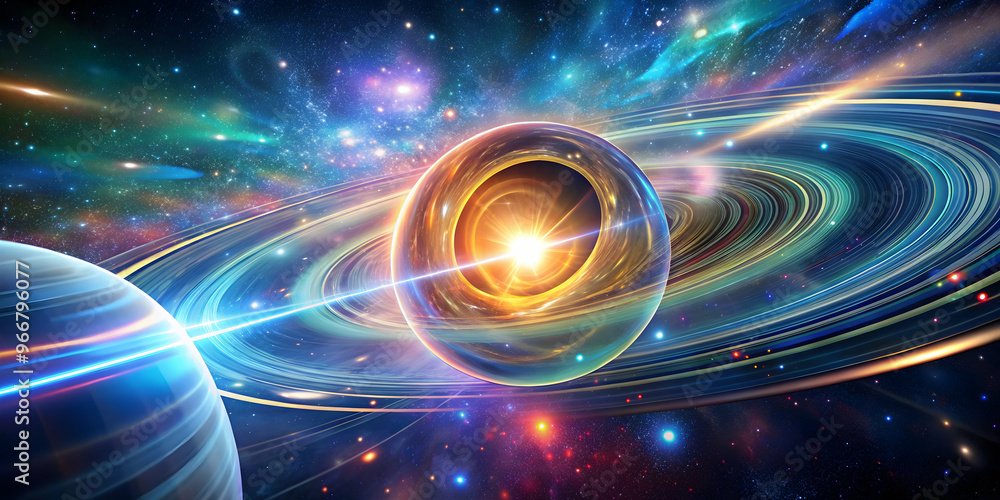 Obraz premium Cosmic Dance of Light: A vibrant celestial tableau featuring a swirling galaxy, illuminating streaks, and a captivating planet, ideal for projects on space, energy, and the cosmos. 