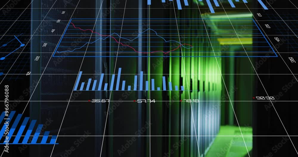 Animation of statisticks and digital data processing over computer servers Animation of statisticks and digital data processing over computer servers