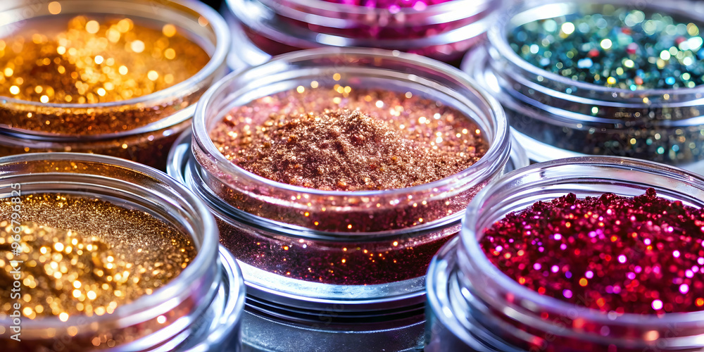 Sparkling Glitter Palette: A captivating array of shimmering glitter powders in a variety of colors, captured in close-up detail. Perfect for crafting, makeup Sparkling Glitter Palette: A captivating array of shimmering glitter powders in a variety of colors, captured in close-up detail. Perfect for crafting, makeup