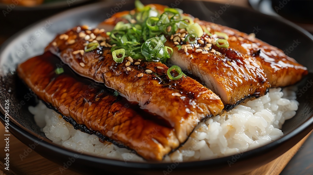 Grilled unagi on a bed of rice, glazed with sweet soy sauce, Japanese food, traditional delicacy Grilled unagi on a bed of rice, glazed with sweet soy sauce, Japanese food, traditional delicacy
