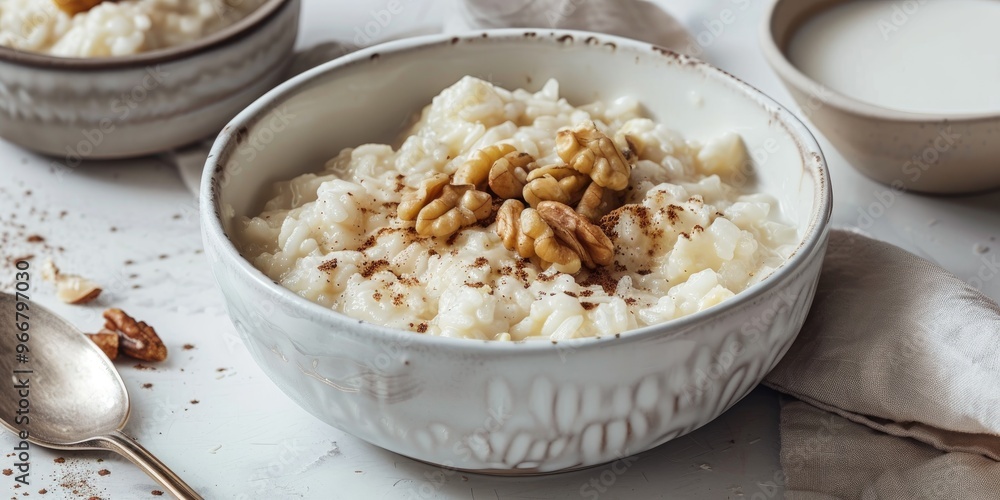 Creamy rice porridge topped with cinnamon and walnuts, served in a bowl with a spoon on a white surface. Rice dish with milk and garnishes for morning meals. Creamy rice porridge topped with cinnamon and walnuts, served in a bowl with a spoon on a white surface. Rice dish with milk and garnishes for morning meals.