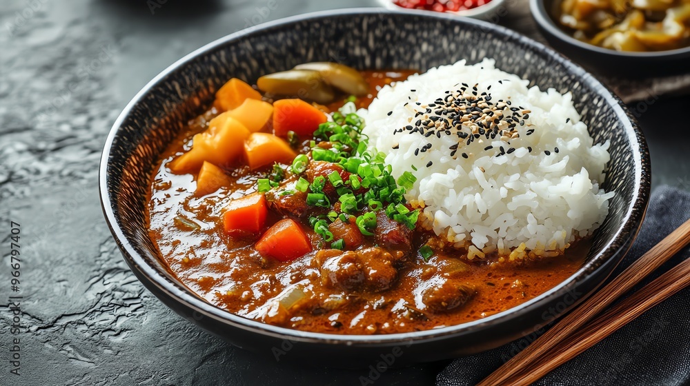 Japanese curry served with a side of steamed rice and pickles, Japanese food, comfort dish Japanese curry served with a side of steamed rice and pickles, Japanese food, comfort dish