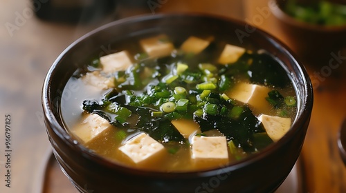 Miso soup with tofu, seaweed, and green onions, Japanese food, comforting starter