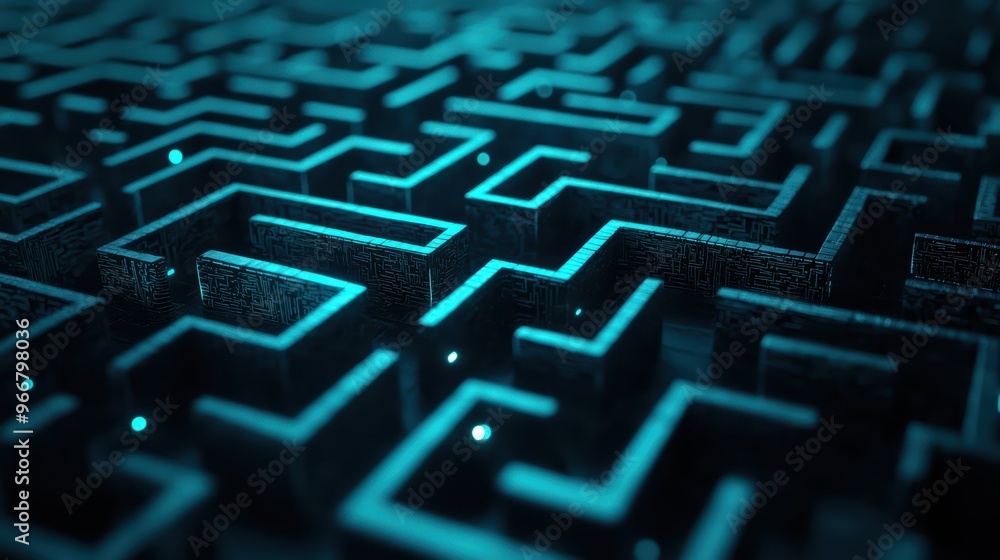 Futuristic Neon Maze with Glowing Blue Pathways and High-Tech Design Elements in a Dark Environment Futuristic Neon Maze with Glowing Blue Pathways and High-Tech Design Elements in a Dark Environment