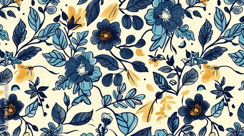 A seamless pattern featuring blue and yellow flowers on a cream background.