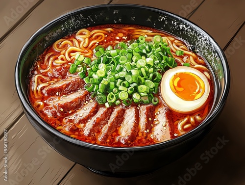 Ramen bowl with rich broth, chashu pork, softboiled egg, and green onions, Japanese food, comforting warmth photo