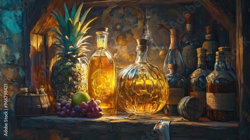 Still Life with Bottles, Fruit, and a Wooden Shelf