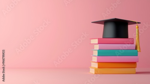 Stack of Colorful Books with Graduation Cap on Pink Background Representing Education and Achievement