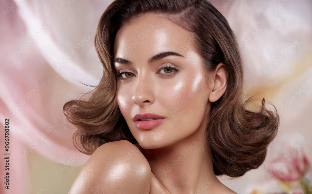 Close-Up of Woman with Flawless Glowing Skin and Medium-Length Wavy Hair in Pastel Background Close-Up of Woman with Flawless Glowing Skin and Medium-Length Wavy Hair in Pastel Background
