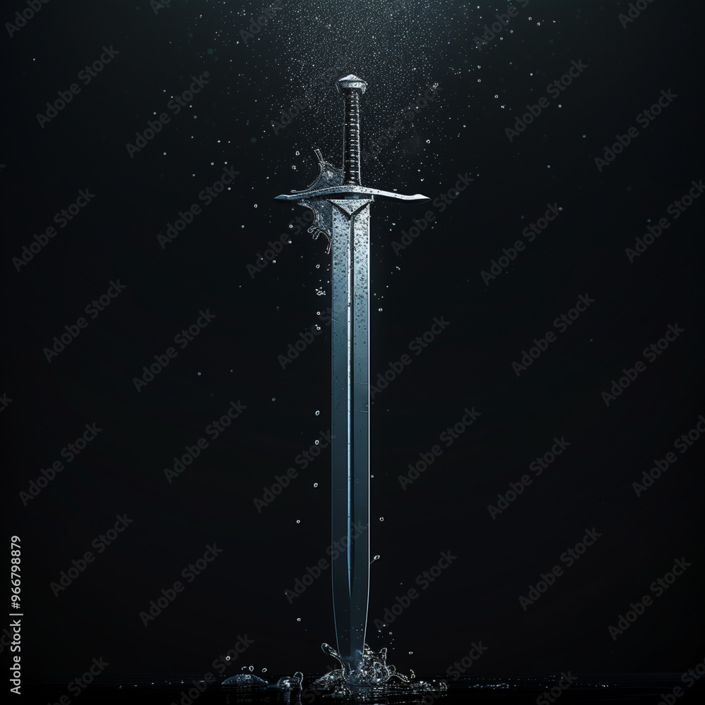 Naklejka premium Sword Erect in Ground with Water Droplets