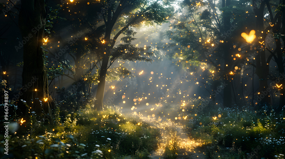 Naklejka premium Magical forest clearing at twilight with glowing pond fireflies and ancient ruins Fairy tale-inspired with glowing elements soft mystical lighting and 3D-rendered enchanted flora