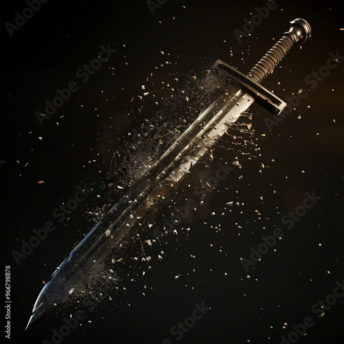 Sword Suspended in Explosion of Dust and Debris 