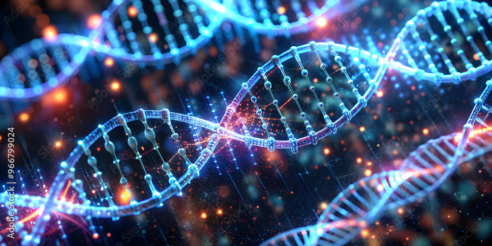 Fototapeta premium DNA Code of Life: A mesmerizing digital illustration of a glowing blue double helix DNA strand against a futuristic background of data and circuits, representing the essence of genetic information and