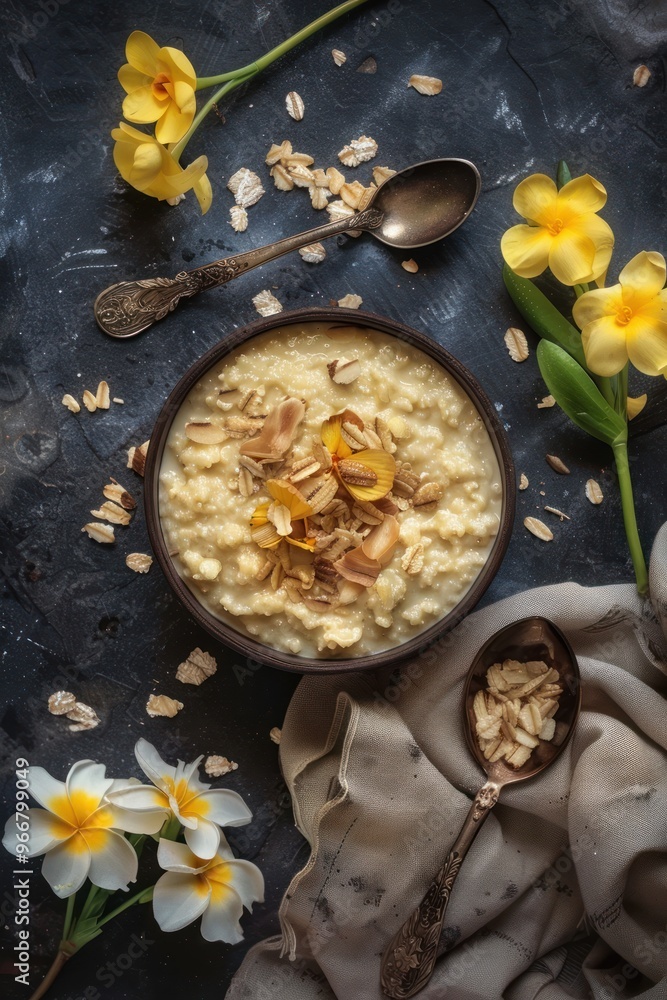 Creamy Oatmeal Breakfast with Flowers and Almonds. Creamy Oatmeal Breakfast with Flowers and Almonds.