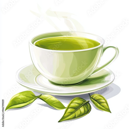 A refreshing cup of green tea with steam, surrounded by fresh green tea leaves, symbolizing health and wellness.