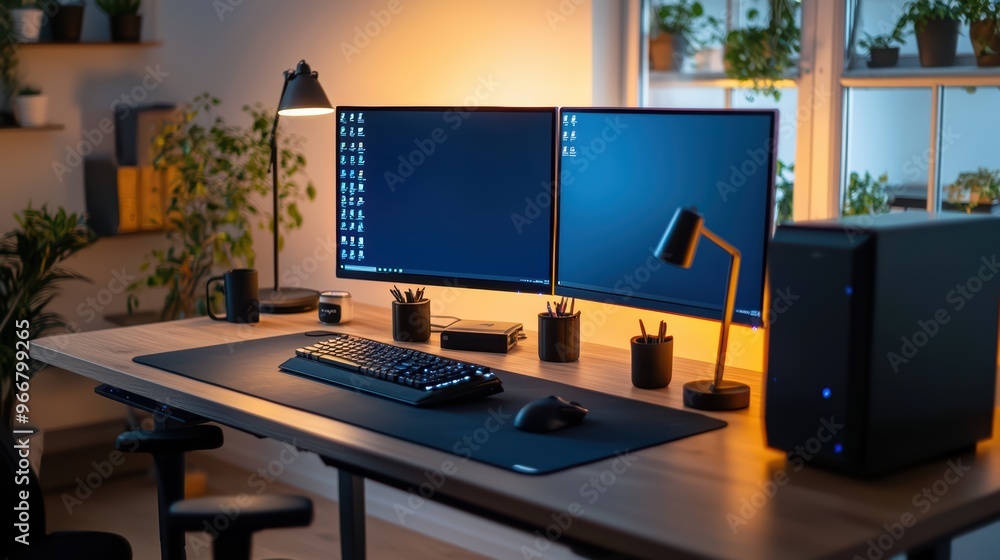 Modern Home Office Setup with Dual Monitors, Keyboard, and Desk Lamp in a Cozy, Plant-Filled Environment Modern Home Office Setup with Dual Monitors, Keyboard, and Desk Lamp in a Cozy, Plant-Filled Environment
