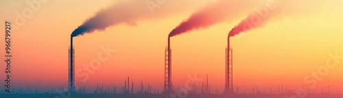 Panoramic view of an oil extraction site at dawn, with a hazy orange sky, oil energy production, sunrise over industry