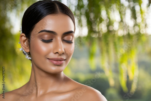 Close-Up Outdoor Portrait of Indian Woman with Eyes Closed in in Natural Setting