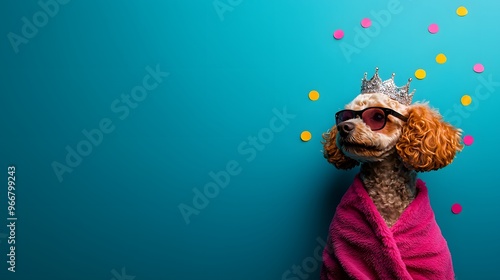 A Glamorous Poodle Dressed as a Princess with Sunglasses and a Sparkling Crown Against a Bright Backdrop. Animal in Halloween Costume Concept photo