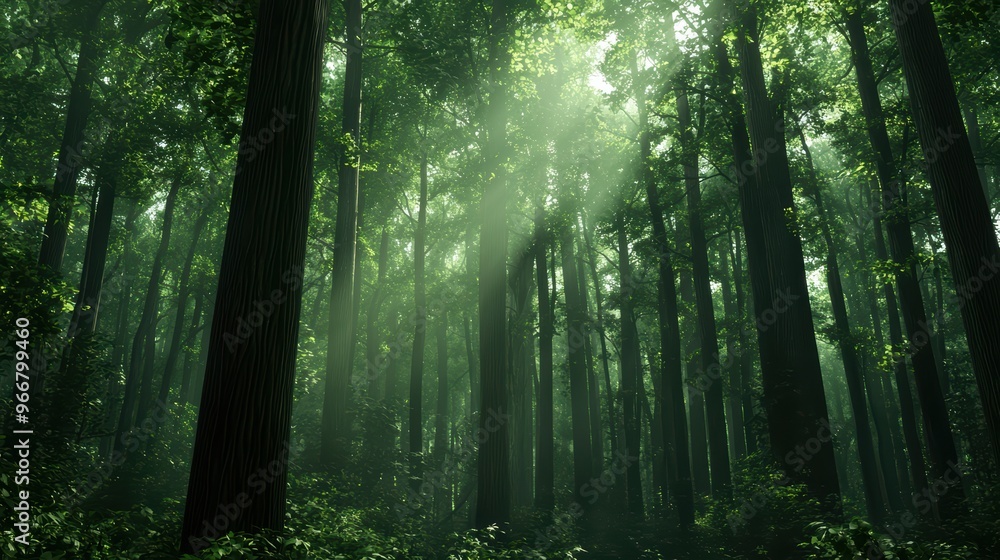 Obraz premium Sunlight Filtering Through Dense Green Forest Trees Creating a Serene and Tranquil Atmosphere