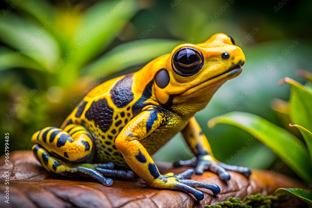 Fototapeta premium Golden Poison Dart Frog: A vibrant yellow and black poison dart frog perched on a leaf, its beady eyes reflecting the rainforest's mysteries. A captivating image of nature's artistry