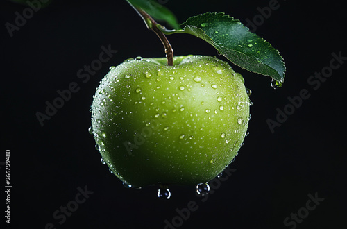 A green apple is suspended in the air, with water droplets on it and black background photo