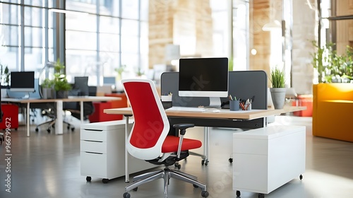 Modern Office Workspace with Red Chair and Desk