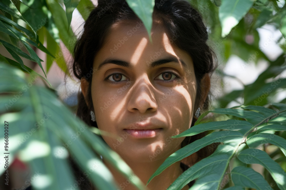 Close-up of Indian Woman with Earrings in Lush Outdoor Setting Surrounded by Greenery Close-up of Indian Woman with Earrings in Lush Outdoor Setting Surrounded by Greenery