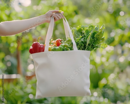 Closeup of hands holding a sustainable tote bag filled with organic groceries, emphasizing healthconscious and ecofriendly shopping