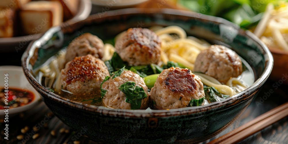 Traditional Indonesian Bakso A Savory Meatball Dish with Beef Broth Soup Noodles Tofu and Bok Choy Traditional Indonesian Bakso A Savory Meatball Dish with Beef Broth Soup Noodles Tofu and Bok Choy