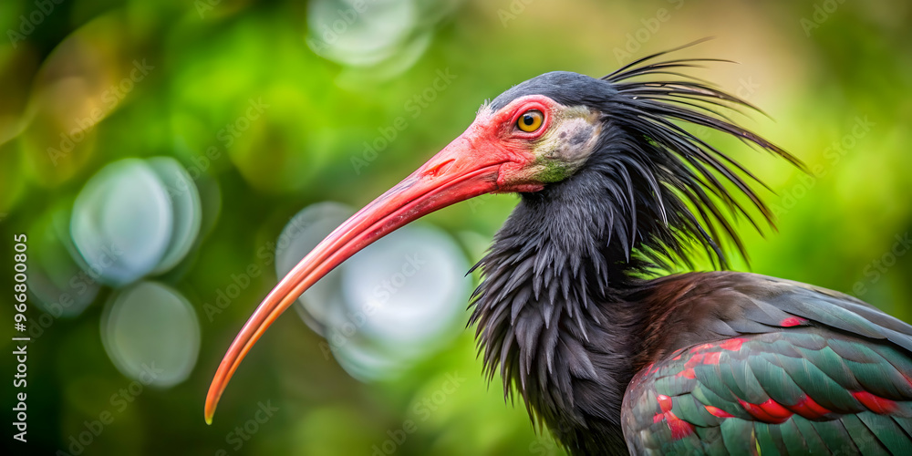 Naklejka premium Scarlet Ibis Majesty: A vibrant Scarlet Ibis poses against a lush green backdrop, its distinctive curved beak and striking plumage captured in exquisite detail.