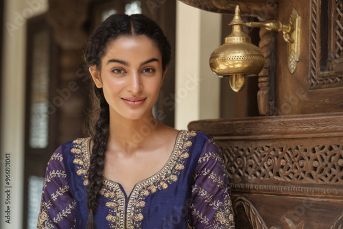 Portrait of Indian woman in intricate blue salwar kameez, traditional Indian home setting photo