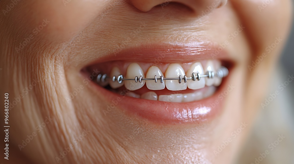 Obraz premium Close-up of a woman smiling with braces on her teeth.