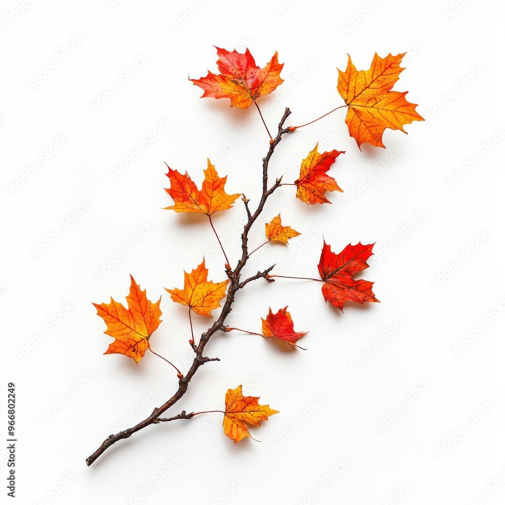 Fototapeta premium Photo of a maple tree branch with vibrant autumn leaves, floating in mid-air, no shadow, on isolated white background