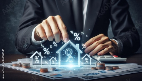 A businessman's hand picking a house icon representing mortgage rates or real estate investment opportunities, digital illustration of percentage signs hovering over miniature house icon s photo