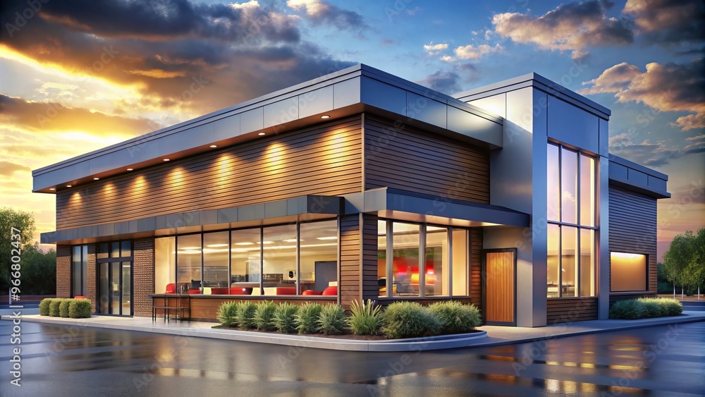 Obraz premium A futuristic fast food joint stands tall, its walls of gleaming metal and glass illuminated by a dazzling