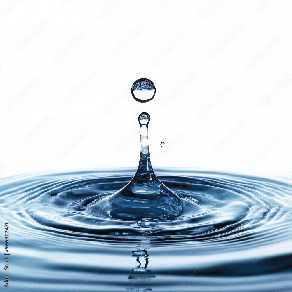 Photo of a single pure water drop, floating in mid-air, no shadow, on isolated white background