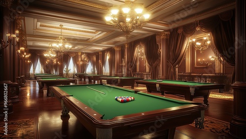 rendering of billiards tables in an elegant room with rich wooden floors and ornate curtains