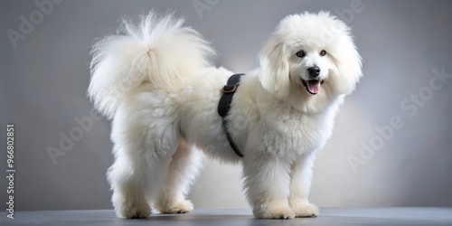 A gentle canine with a white coat and a dramatic black saddle stands out against a radiant light-colored photo