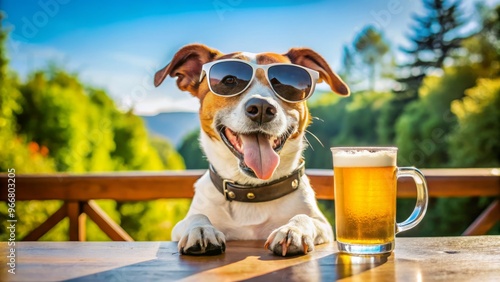 A happy dog lounges in shades, grasping a frosty mug of beer on a warm patio, soaking up photo