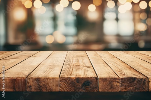 empty wooden table on blurred light gold bokeh of cafe restaurant on dark background photo