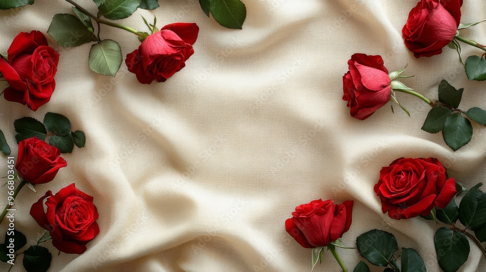 Red Roses Arranged on a Soft Cream Fabric Background Red Roses Arranged on a Soft Cream Fabric Background