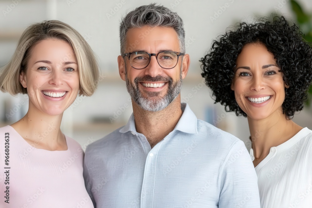 Diverse team of professionals smiling in a modern office, symbolizing collaborative success in a multicultural environment Diverse team of professionals smiling in a modern office, symbolizing collaborative success in a multicultural environment