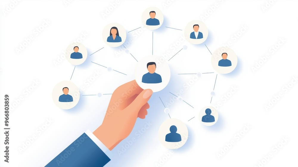 A hand connecting to a network of people, symbolizing communication and teamwork in a digital environment. A hand connecting to a network of people, symbolizing communication and teamwork in a digital environment.