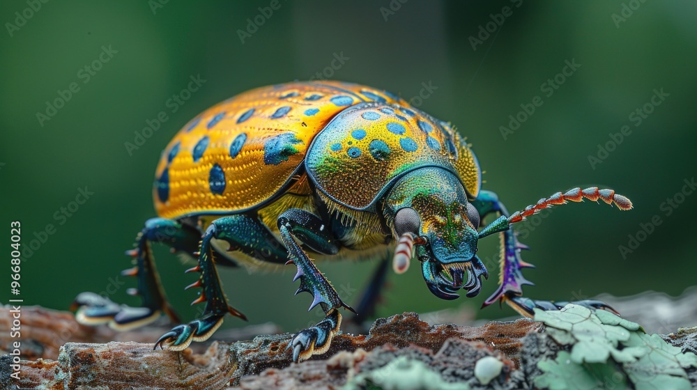 A close-up of a vibrant, iridescent beetle with a yellow and blue shell, perched on a tree branch with a blurred green background. A close-up of a vibrant, iridescent beetle with a yellow and blue shell, perched on a tree branch with a blurred green background.