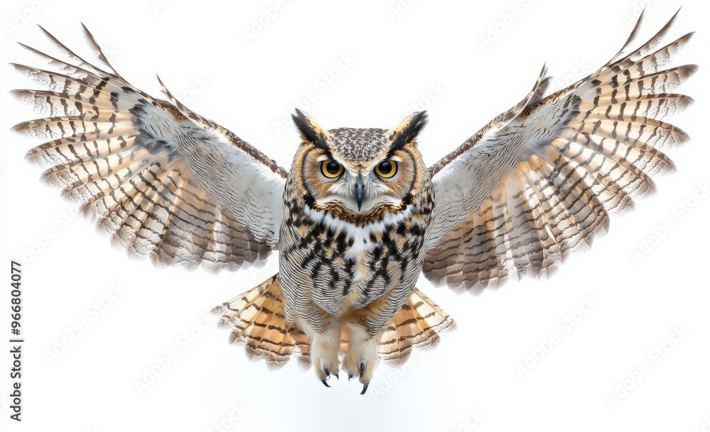 Photo of an owl, floating in mid-air on isolated white background, no shadow, high resolution photo with rich details and sharp focus Photo of an owl, floating in mid-air on isolated white background, no shadow, high resolution photo with rich details and sharp focus
