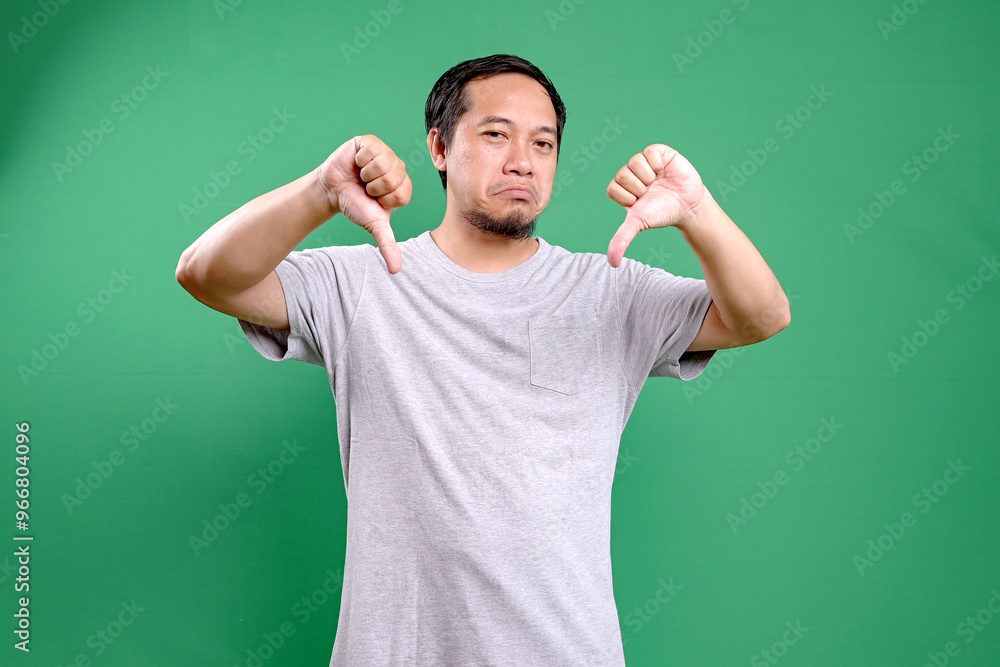 Asian Man Showing Thumbs Down Giving Bad Recommendation Isolated on Green Background Asian Man Showing Thumbs Down Giving Bad Recommendation Isolated on Green Background